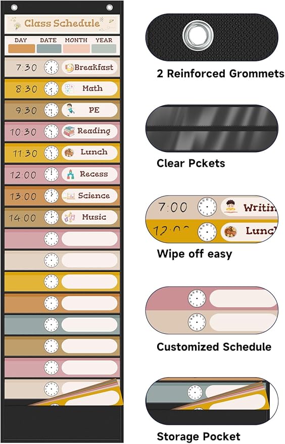 18+1 Pockets Daily Schedule Pocket Chart, Classroom Visual Schedule for Kids with 24 Double Sided Reusable Cards, Classroom Pocket Chart for Office Home Preschool Daily Use, Boho Black