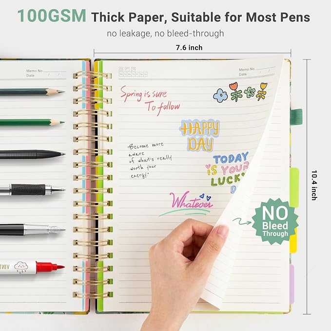 Hardcover Spiral Journal Notebook, 300 Pages 5 Subject Notebook College Ruled with Removable Dividers Tabs, 8" x 10" Notebooks for Work, Spiral Ruled Lined Writing Journal Hardcover Leather Notebook for School (Lemons and Flowers, 8''x 10'')