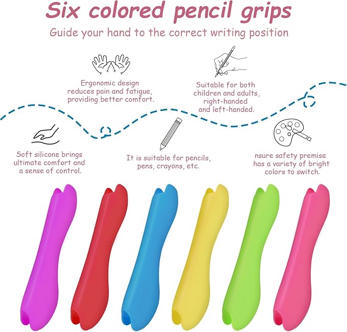 Colors Pencil Grips for Kids and Adults,Pencil Grips for Kids Handwriting,Pencil Holder Finger Posture Correction Training,Anti-Slip Texture Ergonomic Design for Right or Left-Handed Use(6-Pack)