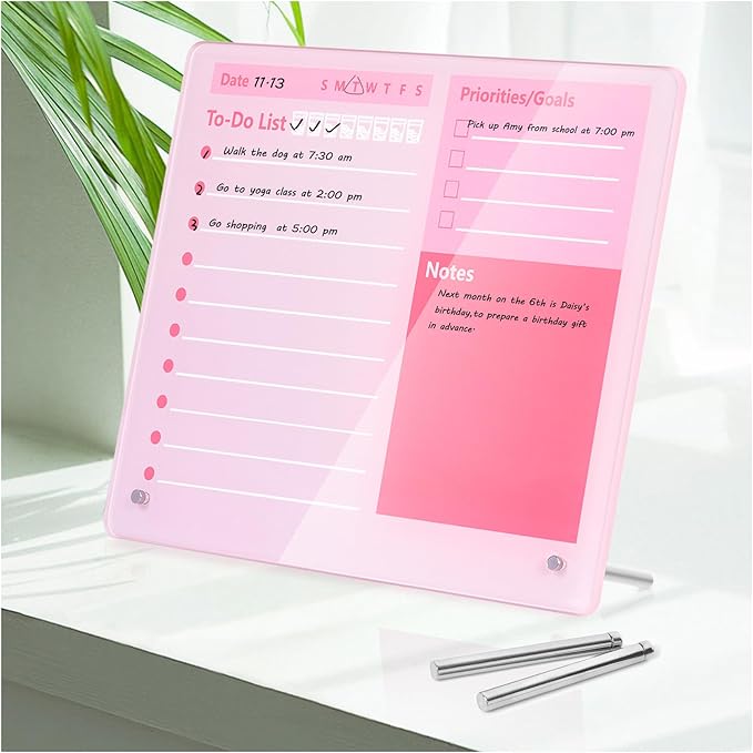 Desktop Thickened Acrylic Dry Erase Board to do List Planner Board,15.7"x11.8",Tabletop Whiteboard with Stand,Pink Office Supplie,Pink Dry Erase White Board for Office/Home/School