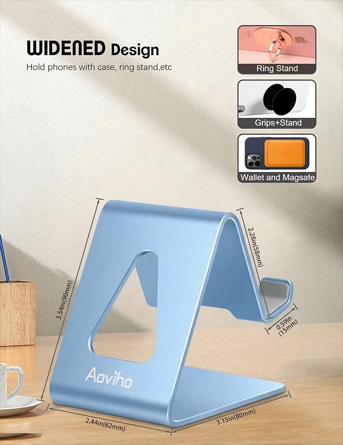 Aoviho Desk Cell Phone Stand - Aluminum Phone Holder Cradle Dock for iPhone 17 16 15 13 12 Pro Max 6s Plus SE 5 5s Samsung Galaxy S10 S9 S8 S7 Note 9 8 and All 4-10 Inch Smartphones - Sky Blue