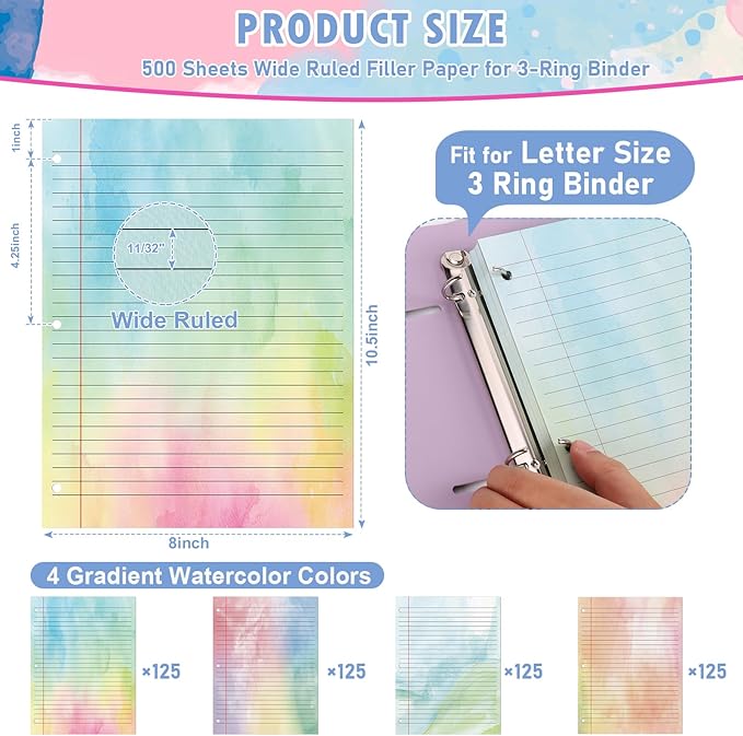500 Sheets 8" × 10.5" Colored Wide Ruled Filler Paper for Letter Size 3-Ring Binder 11/32" Spacing Colored Loose Leaf Paper Wide Ruled Paper Refills 3-Hole Punched Watercolor 80GSM for School Office