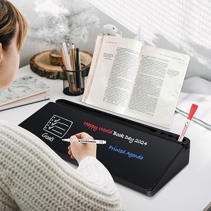 DOLLAR BOSS Glass Desk Whiteboard Small Dry Erase Board Desktop White Board with Storage Drawer Computer Keyboard Stand Desk Organizer Office Accessories School Supplies with 4 Markers 1 Rag, Black