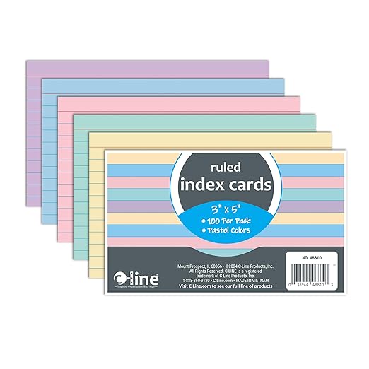 C-Line 3” x 5” Index Cards, Assorted Colors, Ruled, 100/PK (48810)