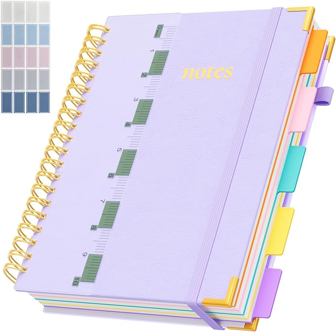 XYark A4 Hardcover Spiral Notebook, 8.5"x11" College Ruled Notebooks with Removable Dividers Tabs & Ruler, 5 Subject Notebook 300 Pages, Large Lined Journal for Women School Work Office, Light Purple
