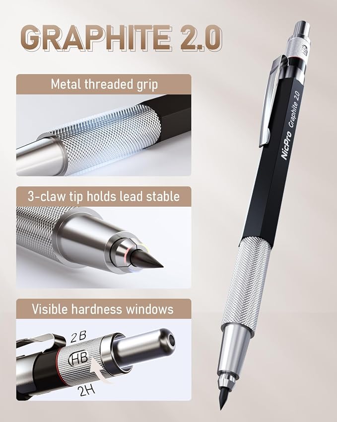 Nicpro 30PCS Art Mechanical Pencil Set in Leather Case | Metal Drafting Pencil 0.5/0.7/0.9 & 3×2mm Lead Holders for Sketching Drawing With 252 (6B 4B 2B HB 2H 4H Colors) Lead Refills