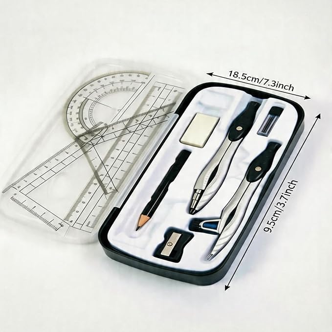 Marte Vanci 10 Piece Geometry Set, Math Geometry Kit with Storage Case, Includes 2 Compasses Rulers Protractor Pencil Eraser Sharpener Lead Refills Student Supplies for Drafting, Math Study (Black)