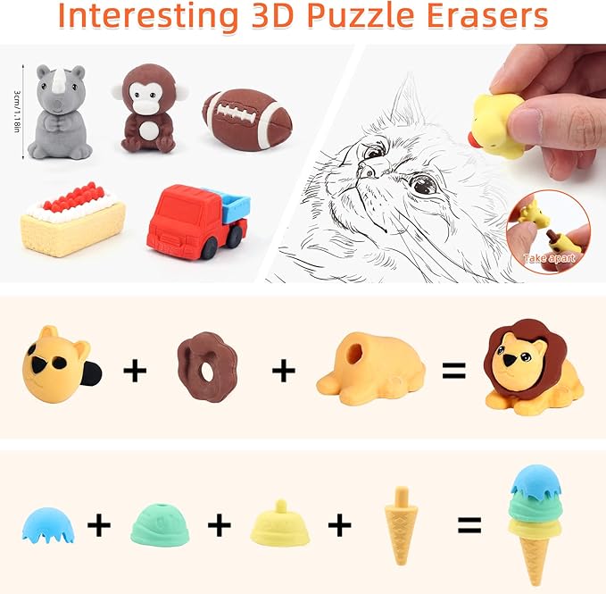 URSKYTOUS 120Pcs Animal Erasers Bulk Cute Food Erasers Desk Pets Kids Puzzle Eraser Take Apart Cool 3D Eraser Mini Fun Party Favors for School Supplies Classroom Rewards Easter Egg Fillers Gifts