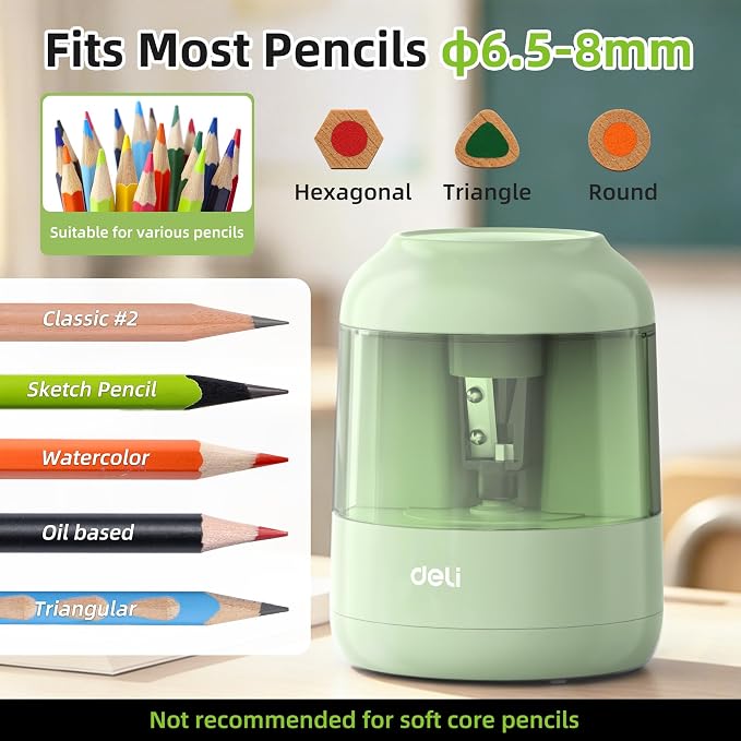 deli Electric Pencil Sharpener, Battery Operated, 6.5–8mm for Classroom