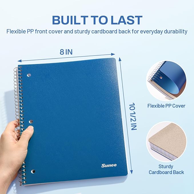 SUNEE Spiral Notebook, 1-Subject, College Ruled Paper, 8" x 10-1/2", 100 Sheets per Notebook, 3-Hole Punched Paper, Water Resistant Cover, Double-sided Pockets, Dark Blue