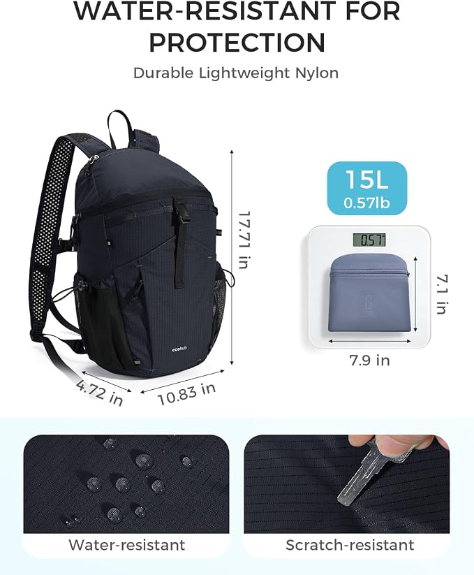 ECOHUB 15L Ultra-Lightweight Packable Backpack, Casual Daypack for Daily Use, Small Hiking & Travel, Foldable Backpack, Water-Resistant Nylon, Reflective Design
