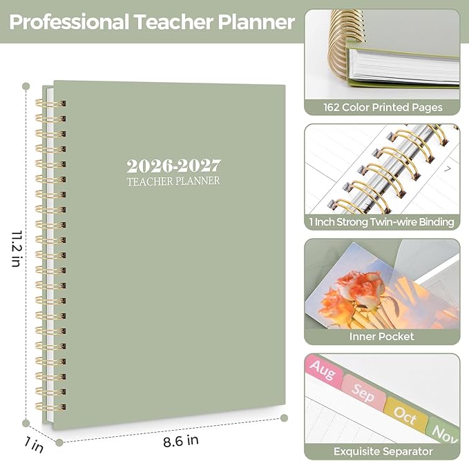 SKYDUE Teacher Planner 2026-2027 Academic Year, 8.5" x 11" Teacher Lesson Planner with Monthly Tabs & Stickers, Lesson Plan Book 26-27, Green
