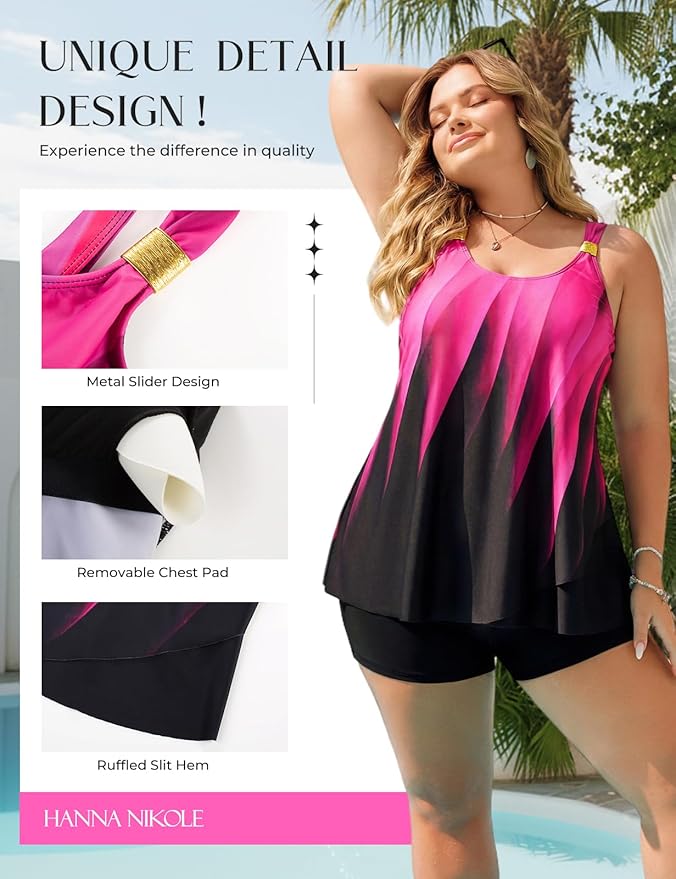 Hanna Nikole Womens Tankini Swimsuits 2 Piece Bathing Suit Flowy Ruffle Tankini Tops with Swim Shorts