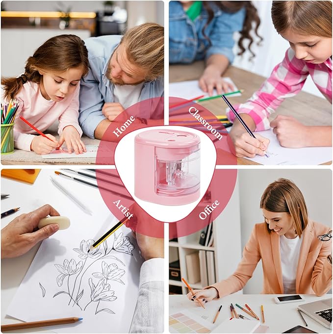 AUAUY Automatic Electric Pencil Sharpener with 2 Hole Sizes, Battery Operated with 4 Knife Holders & Charger, for Standard & Makeup Pencils (Pink)