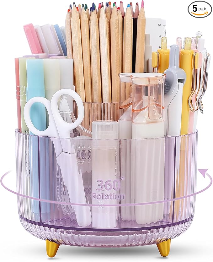 SKYDUE Rotating Pencil Pen Holder, Pen Organizer with 5 Slots - Aesthetic Desk Organizer and Accessories for School, Home, Office Supplies