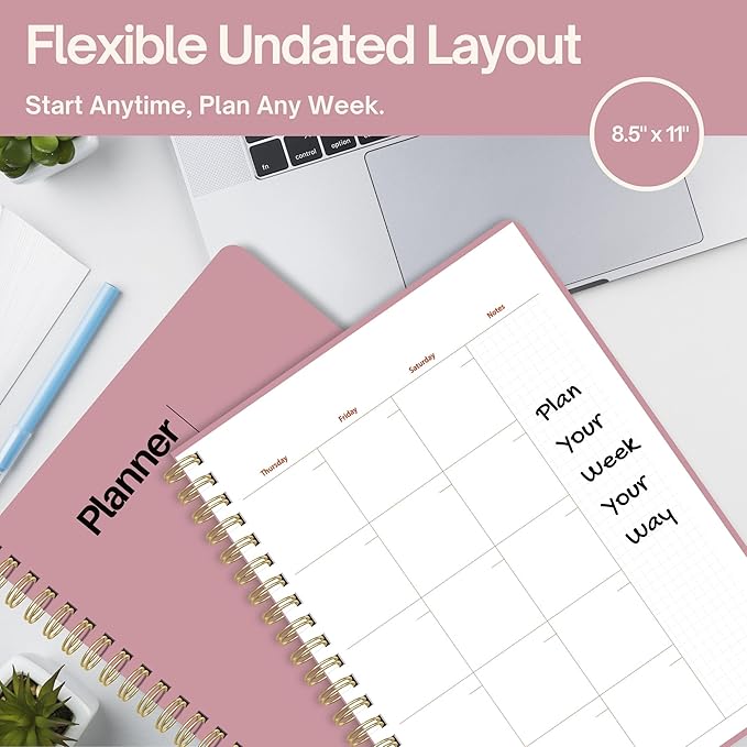 Undated Weekly Planner, 8.5" x 11", Dashboard Layout with Yearly Review, Monthly Calendars, & Weekly To Do List, Spiral Bound Organizer for Work, Study & Life (Pink)