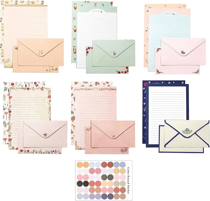 55 Pcs Stationery Paper Envelopes Set Includes 36 Lined Writing Stationery Paper & 18 Envelopes with 48 Round Dot Stickers, Cute Animal Letter Writing Stationary Paper Envelopes (6 Style)