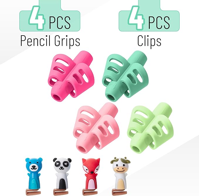 Mr. Pen- Pencil Grips for Kids Handwriting, 4 Pack with 4 Clips, Spring Colors, Flexible Silicon Pencil Holder for Kids, Right & Left-Handed