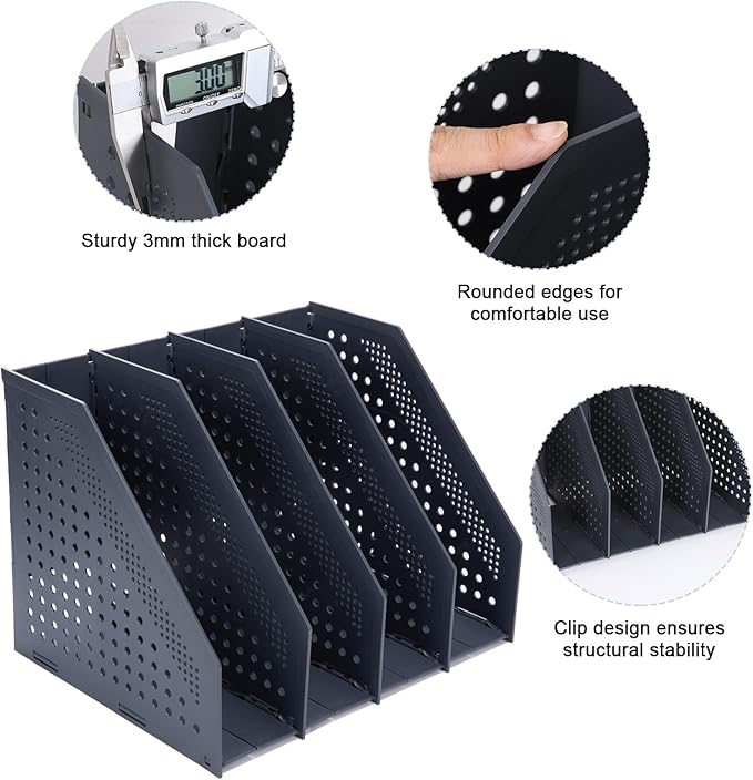 FRETONBA Collapsible Magazine File Holder with 4 Vertical Compartments Foldable Binder Holder for Desk Binder Storage Organizer Plastic Magazine Holders for Shelf, Dark Gray