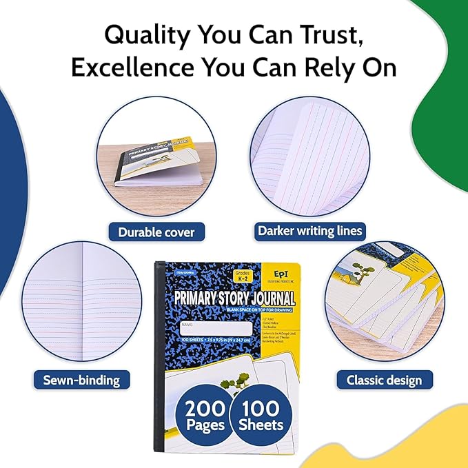 960 Pack (Pallet) EPI Primary Ruled Composition Notebook Bulk, 200 pages (100 Sheets), 9-3/4 x 7-1/2, Blank Top Header For Drawing, Story Paper, Heavy Duty, School Supplies, Grades K-2, Sewn Binding