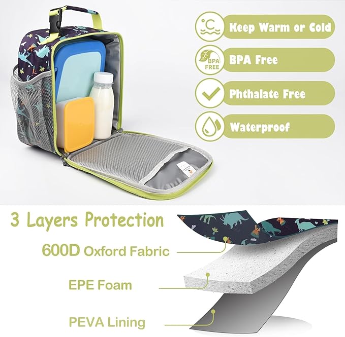 CaCTOUR Lunch Box Kids,Premium Insulated Lunch Bag for Girls Boys,Soft Bag Mini Cooler Back to School Thermal Reusable Lunch Bag for Work School Picnic (Dino)