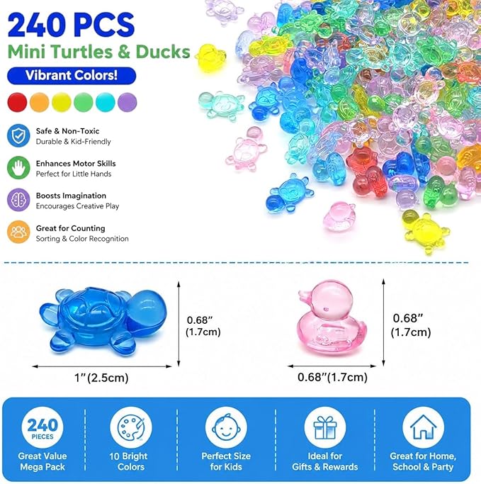 240PCS Translucent Counting Toys for Preschool, Turtle & Duck Sorting Manipulatives, Montessori Math Counters, Sensory Bin Fillers, Classroom Learning Toys for Toddlers with Storage Box