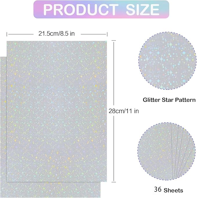 36 Sheets Holographic Sticker Paper Transparent Holographic Laminate Sheets Self Adhesive Glitter Film Laminating Sheets Clear Waterproof Vinyl Overlay for DIY Crafts, 8.5 x 11 inch Star Pattern