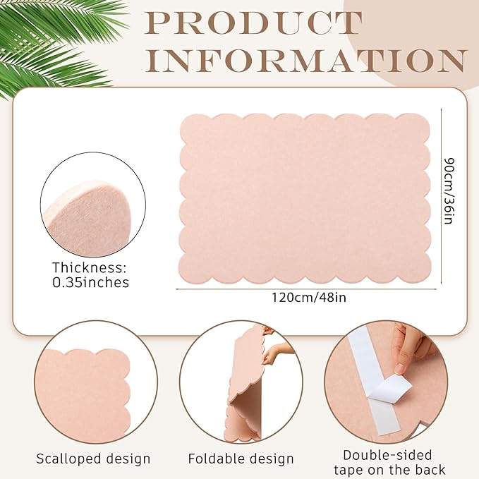 Mooliwe Scalloped Felt Bulletin Board 48 x 36 Inches Foldable Flesh Pink Pin Cork Board Alternative for Wall, 4' x 3' Trifold Picture Vision Self Adhesive Bulletin Decorative