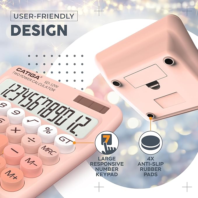 CATIGA Mechanical Switch Calculator with Solar and Battery Dual Power, 12-Digit Large LCD Display, Aesthetic and Cute Desktop Calculator with Big Button, for Home, School and Office Use, SD-1299