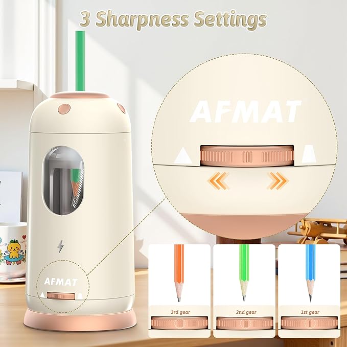 AFMAT Electric Pencil Sharpener, Auto in & Out, Fully Automatic Pencil Sharpener, Rechargeable Hands-Free Sharpeners for Jumbo & Colored Pencils (7-11.5mm), Good for Classroom/Home PSC8(Off White)