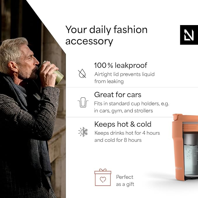 LARS NYSØM Thermo Coffee Mug to go 13oz | Travel Mug 0.38 Liter with Insulation | Leak Proof Stainless Steel Thermal Tumbler for Coffee and Tea on the Go (Pumpkin Orange, 12.9oz)