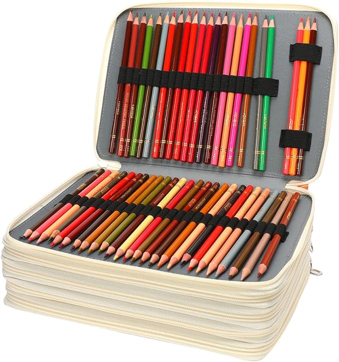 Vomgomfom 252 Slots Pencil Bag, 5-Layer Zipper Art Supply Organizer, PU Leather Portable Colored Pencil Case with Handle for 252 Watercolor Pens, Gel Pens (White)