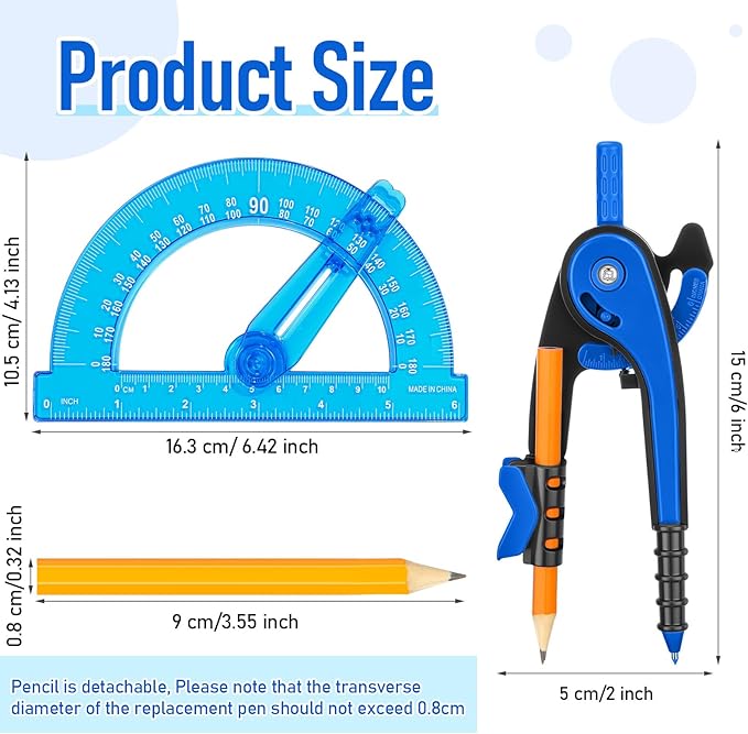 Zonon 2 Pcs Student Protractor and Compass, Student Geometry Math Set Drawing Compass and 180 Degree 6 Inch Protractor with Swing Arm for Drawing Measuring School Office (Deep Blue)