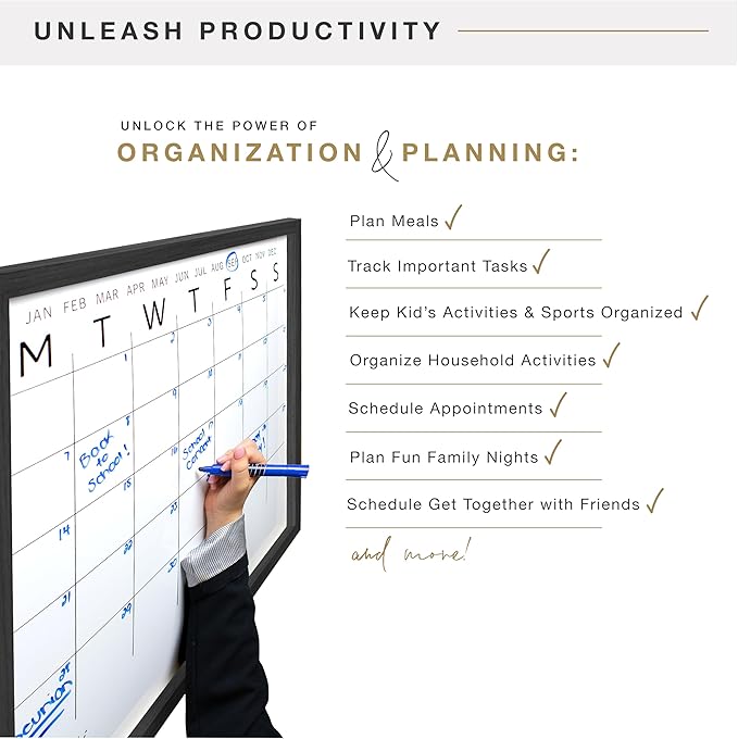 MCS Dry Erase Calander 24x24 Black Framed Monthly Calendar for The Wall, Stay Organized with Family Planner for Appointments, Sports, Events & More