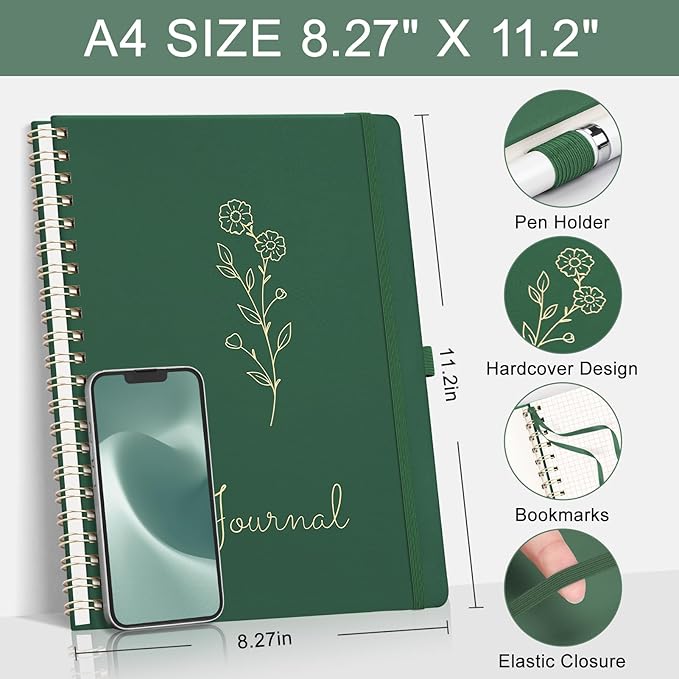 EMSHOI Spiral Graph Notebook, 110 Pages, A4 Large 8.27"x11.2", 100 GSM Thick Paper, PU Leather Hardcover Journal, 5mm Grid Notebook for Work School Math Engineering Writing Graphing, Dark Green