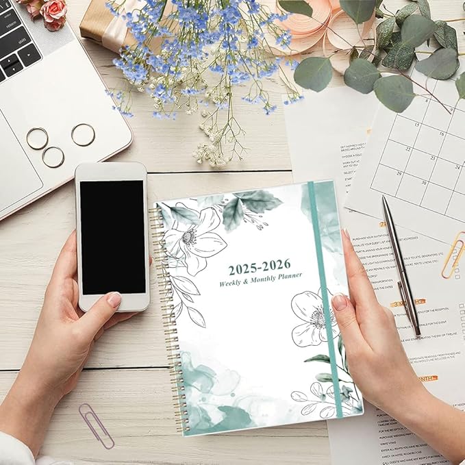 2026-2027 Planner - Planner 2026-2027 from July 2026 - June 2027 with 12 Monthly Tabs, Flexible Cover, Inner Pocket, 8.5" x 11", Teal Flowers