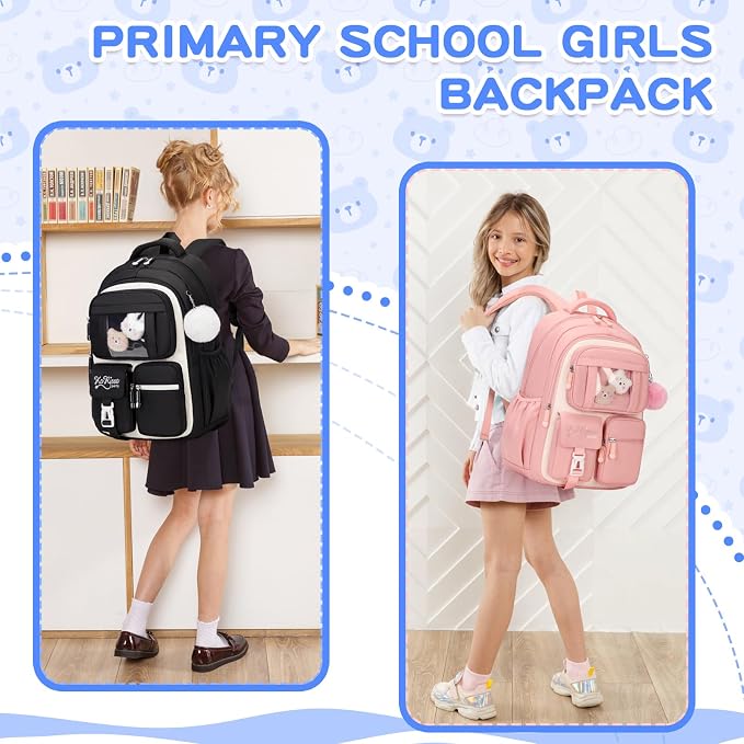PIG PIG GIRL Kids Backpack for Girls - School Bags for Middle School Students - Book Bag for Elementary Primary - Kawaii Ita Backpack - Black and Beige