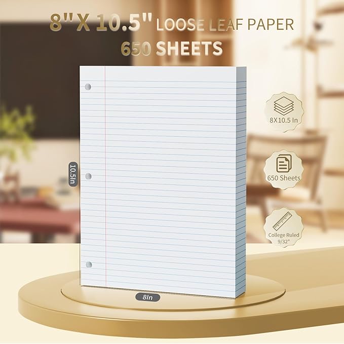 650 Sheets Loose Leaf Paper 8" x 10.5" Filler Paper College Ruled 3-Hole Punched Lined Paper Notebook Paper for 3-Ring Binders Notepad Writing Note Pads Ideal for Home, School, Office
