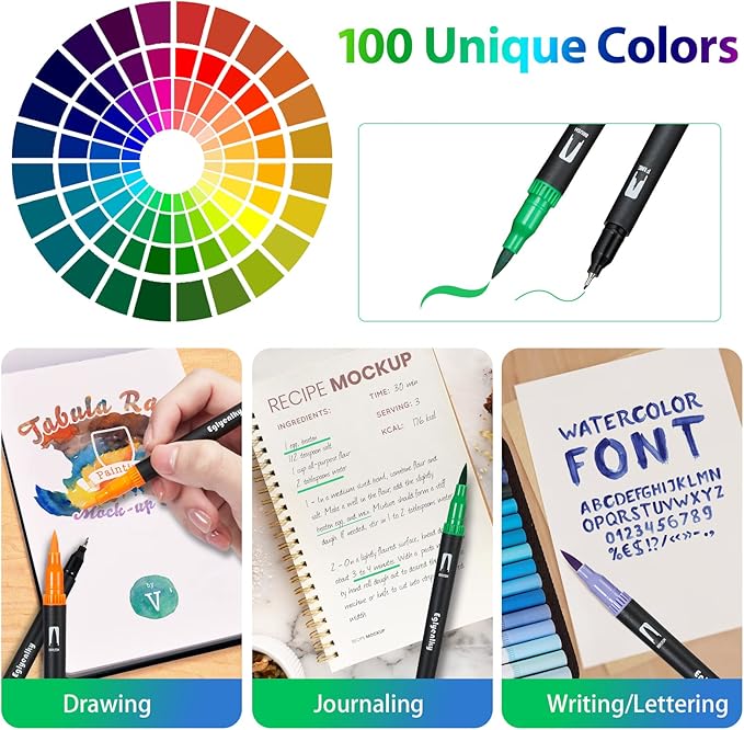 Eglyenlky Dual Brush Pens, Markers Adult Coloring Book,100 Colors Art Pens with Fine Point Markers and Brush Tip for Adult Kids Drawing (Black Set)