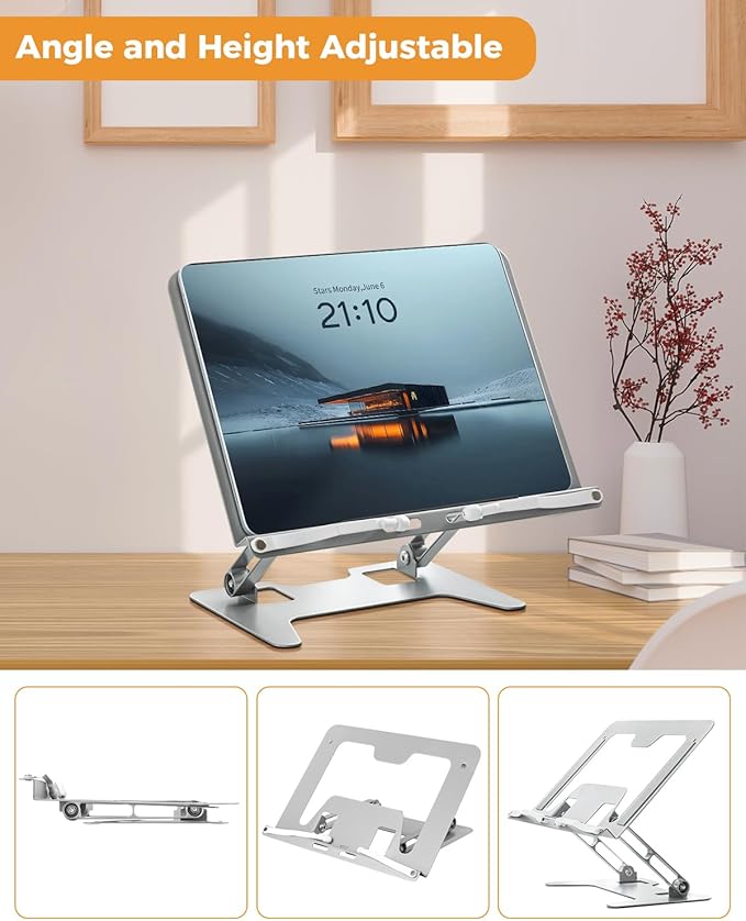 Honagu Adjustable Laptop Stand for Desk, Metal Foldable Laptop Riser, Portable Desktop Book Stand Holder, Ergonominc Computer Notebook Stand Compatible with 10-15.6” Laptops (Silver)