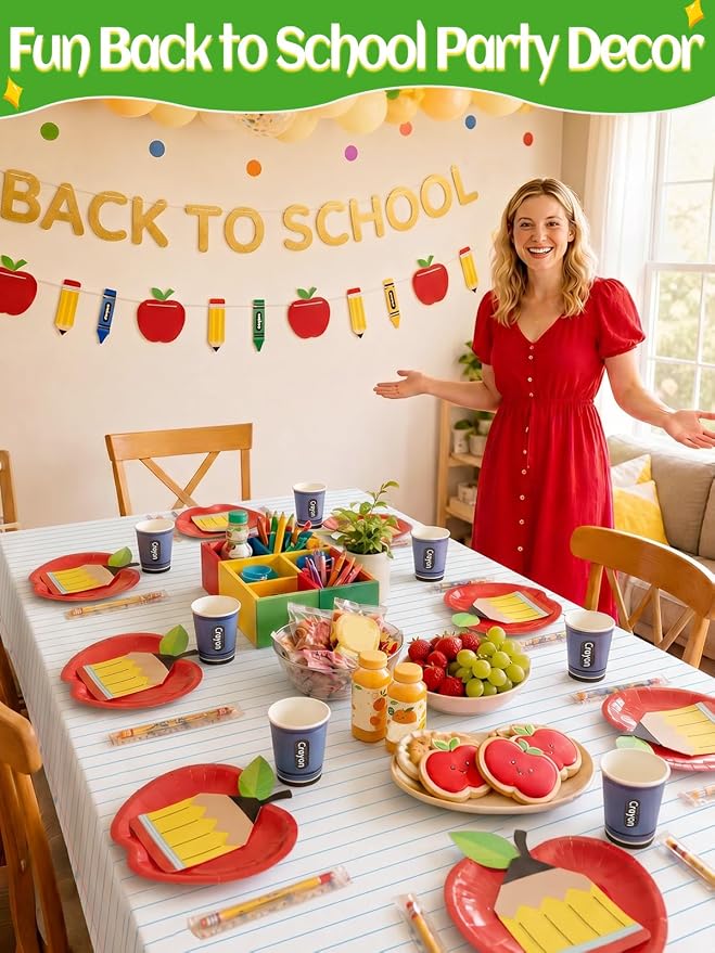 Alphatool Back to School Party Tableware Decoration Set Serves 24 Guests | 24 Set Paper Plates Pencil Napkins Cups, 2 Pcs Tablecloths and Banners for First Day of Preschool
