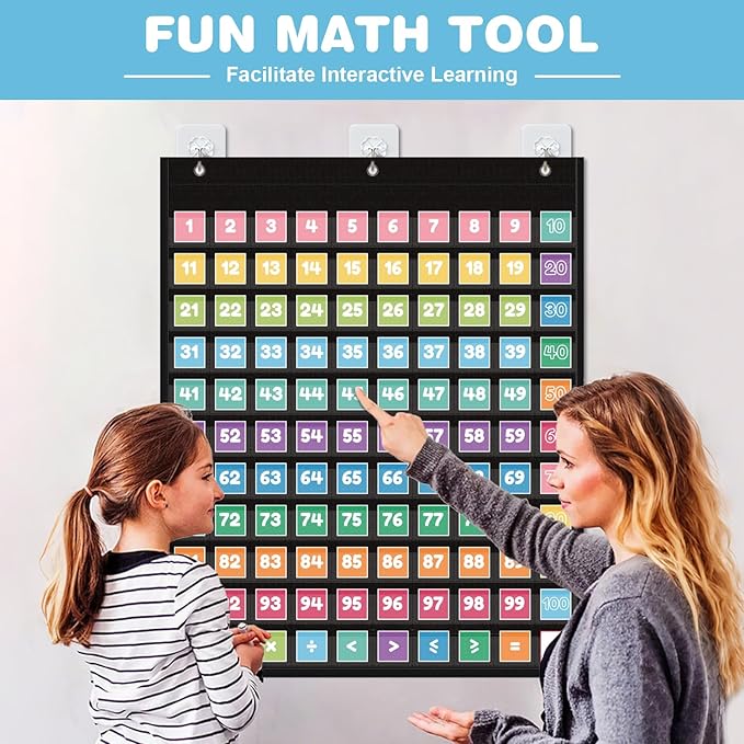 Hundreds Pocket Chart with 139 Cards, Includes Numbers Cards 1-100, 9 Math Symbol Cards & 30 Blank Cards | Classroom Math Wall Organizer for Counting, Place Value, Homeschool Activities(Black)