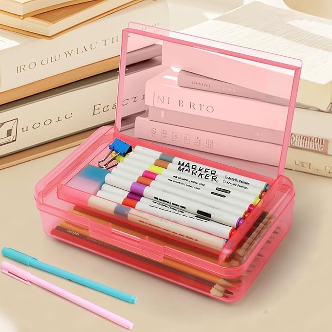 Double Layer Large Capacity Pencil Box,Plastic Translucent Pencil Box, Hard Pencil Cases with Snap-Tight Lid for Pens, Pencils, School Supplies,Office Supplies,Medium-sized,1 Pack
