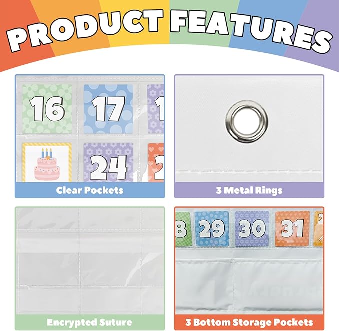 All-in-One Calendar Pocket Chart for Morning Meeting - Interactive Preschool Learning Board with Days, Dates, Months, Seasons & Weather Display (Bright Rainbow,Homeschool/Daycare)