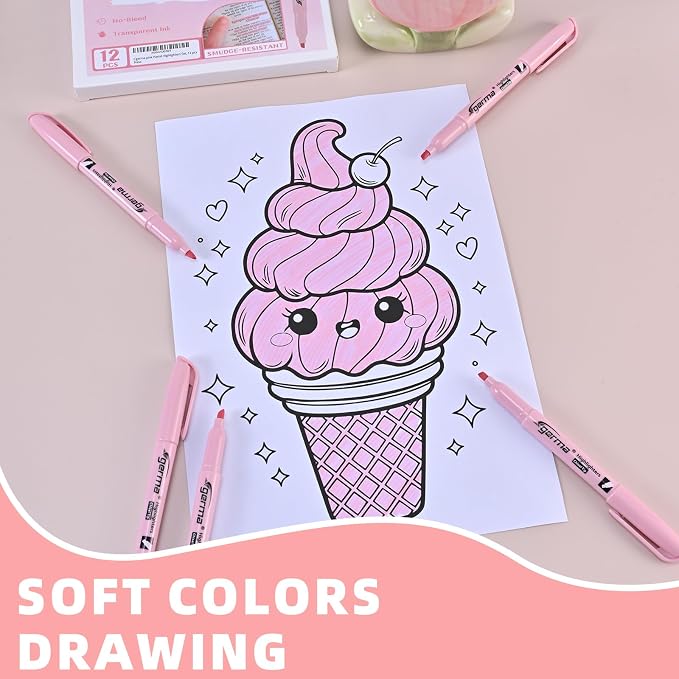 Cgerma Pink Highlighter 12 Pack, Mild Pastel Color, Chisel Tip Highlighters, Quick-Drying, Cute Aesthetic Markers for Journaling, Study, School Office Supplies
