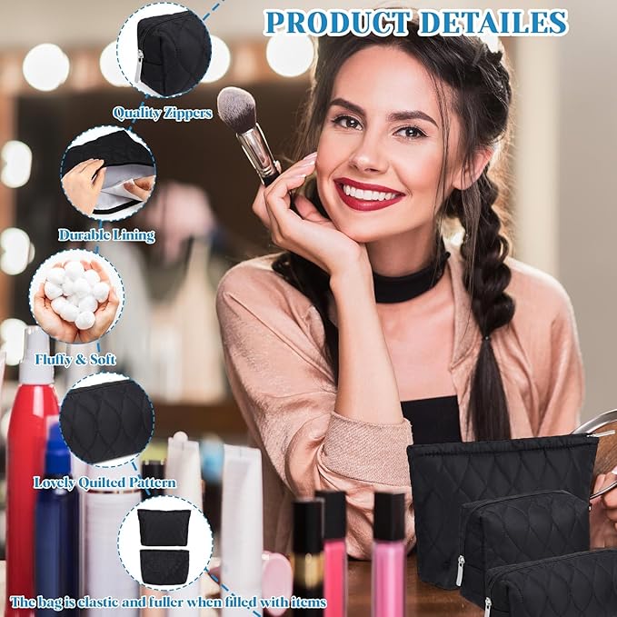 Huhumy 3 Pcs Puffy Makeup Bag Quilted Cosmetic Pouch for Women Cute Waterdrop Travel Toiletry Bag Puffer Makeup Organizer Purse Pouch Preppy Pencil Case with Zipper(Black)