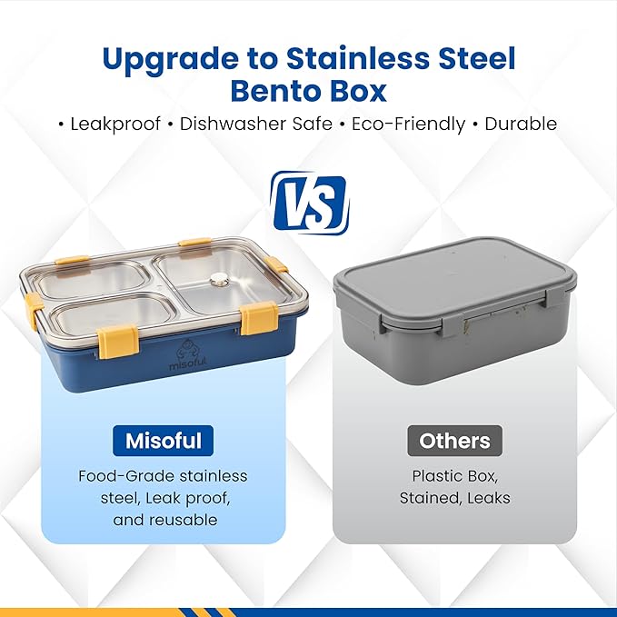 Bento Lunch Box for Kids Age 8+, Teens, Adults - 1000ml Stainless Steel School Lunchbox, 3 Compartments, Non-Microwavable, Compact BPA-Free Food Container for School Lunches, Snacks, Travel - Blue