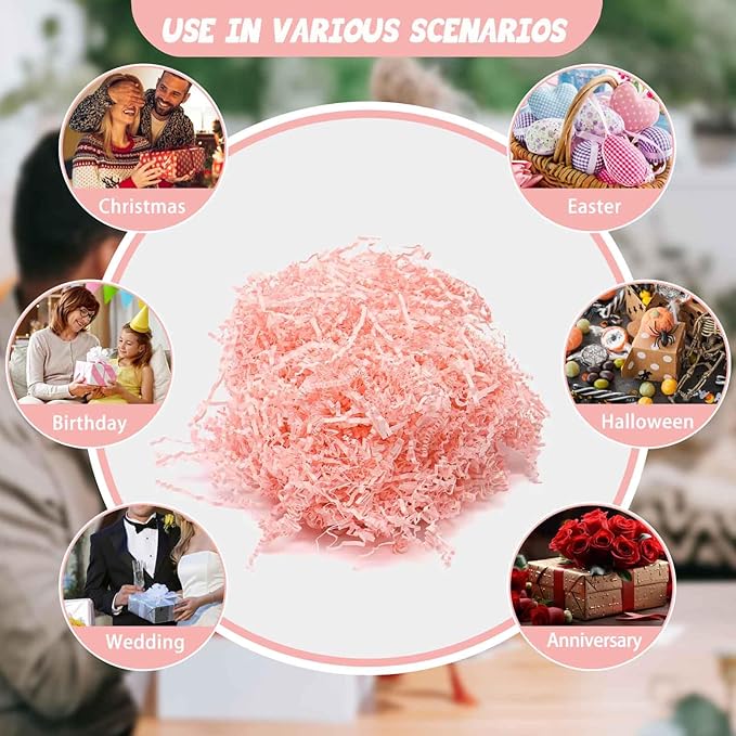 3LB Light Pink Crinkle Cut Paper Shred Filler, Paper Shreds for Basket Fillers, Birthday, Gift Wrapping, Anniversary, Bridesmaid Engagement, Halloween, Thanksgiving, Christmas Craft Decor Party Filler