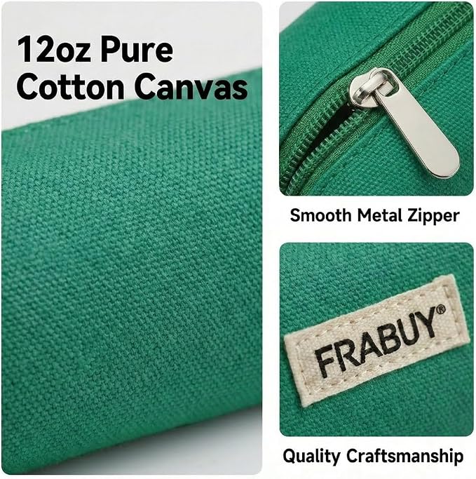 Cotton Canvas Pencil Case & Pen Pouch - Small Stationery Bag Green | Thick canvas pouch organizer with smooth alloy zipper. Cute cosmetics make up holder for school girls and boys.