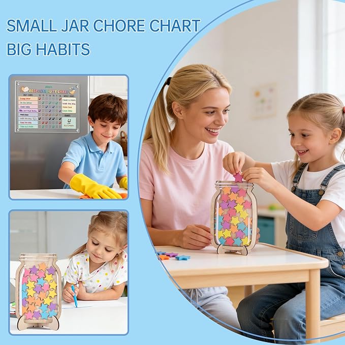 Acrylic Magnetic Kids Chore Board & Star Reward Jar - Dry Erase Fridge Calendar with Erasable Markers, Wooden Stars & DIY Stickers for Visual Schedule, Behavior Tracking & Potty Training Toddlers